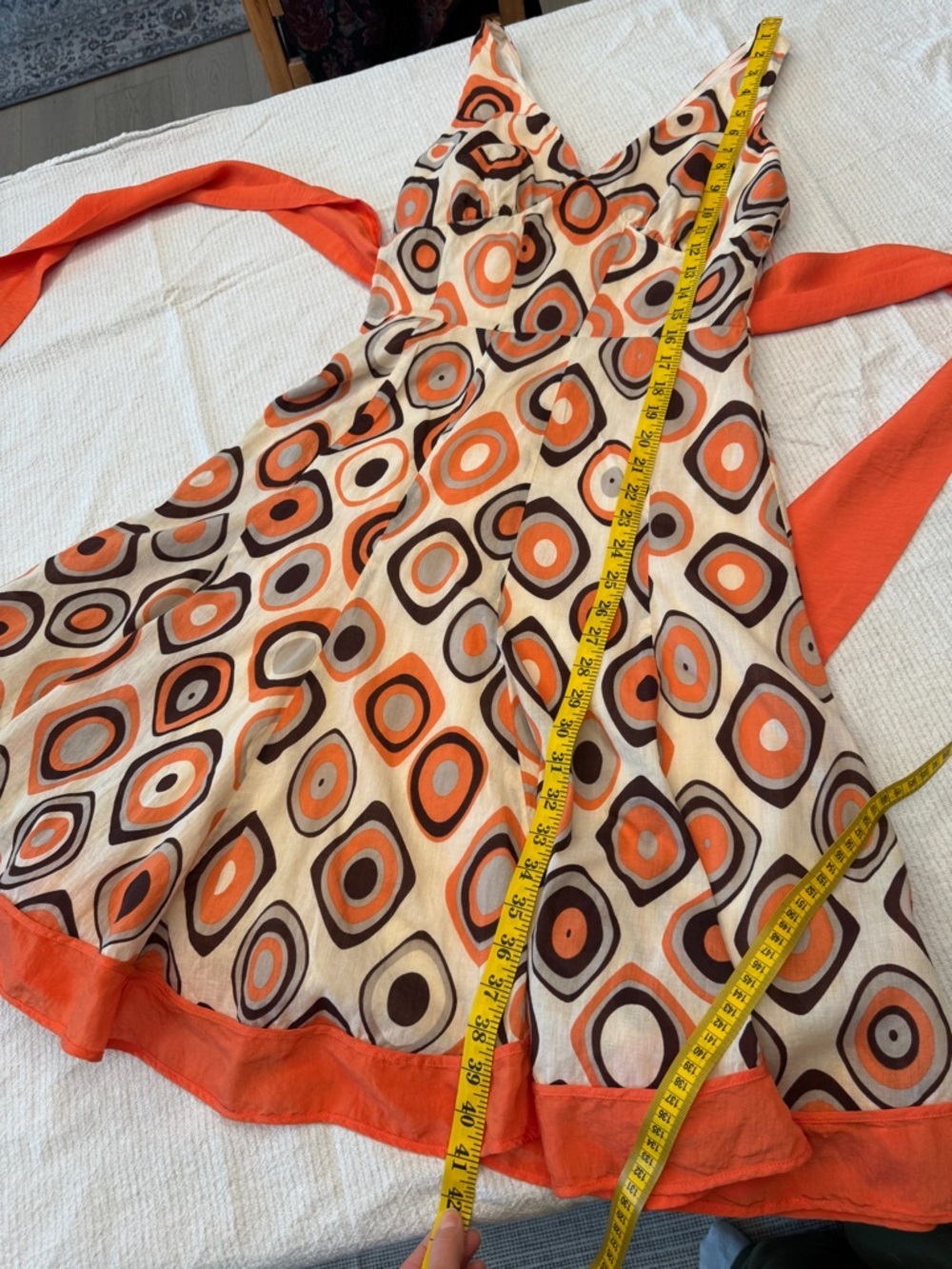 Vintage cotton and silk Retro Geo Print Orange sleeveless Dress - Picture 15 of 17